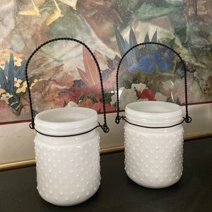 Two Matching Beaded Milk Glass Flower Vases/Containers